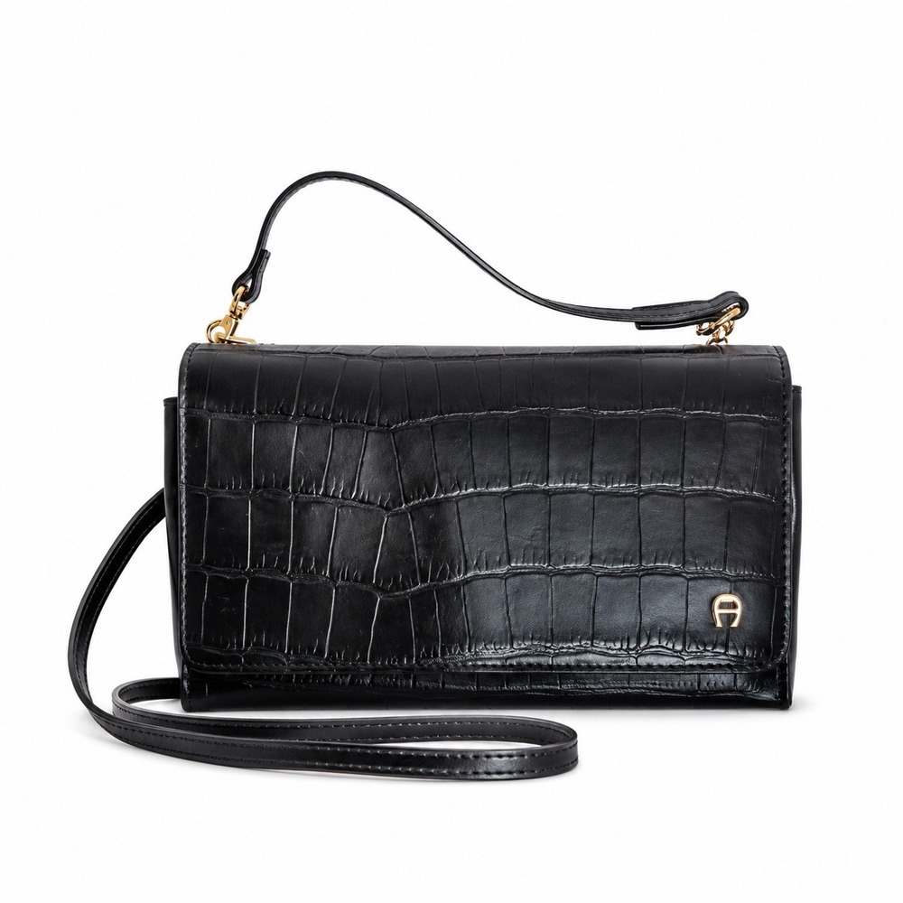 Etienne Aigner Black Croc Embossed Crossbody Shoulder Bag Wallet Clutch Versatil